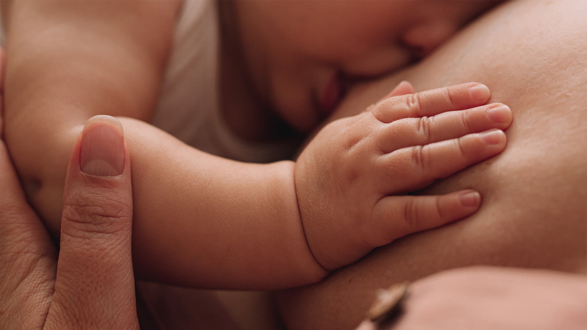 Close-up of baby's hand on mother's breast.