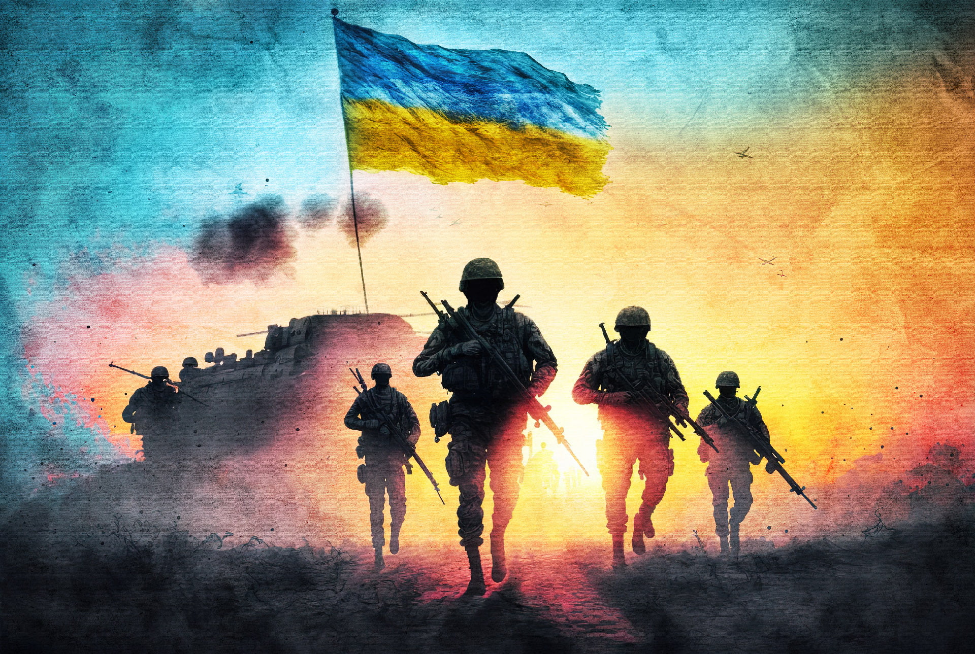 Ukraine Russia war, soldiers fight for Ukrainian victory. Generative AI.